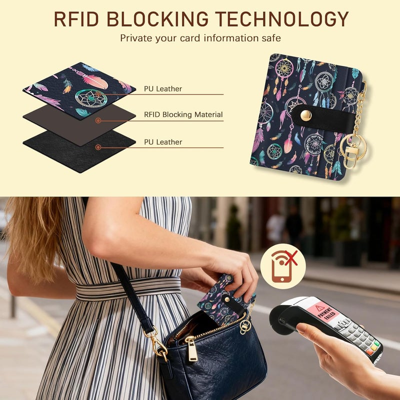Jogjam Colorful Dream Catchers with Feathers Rfid Ladies Wallet, Small Credit Card Women Wallet, Boho Traditional Circular Net PU Leather Bifold Cash Zipper Coin Pocket for Female Blessing - Image 3